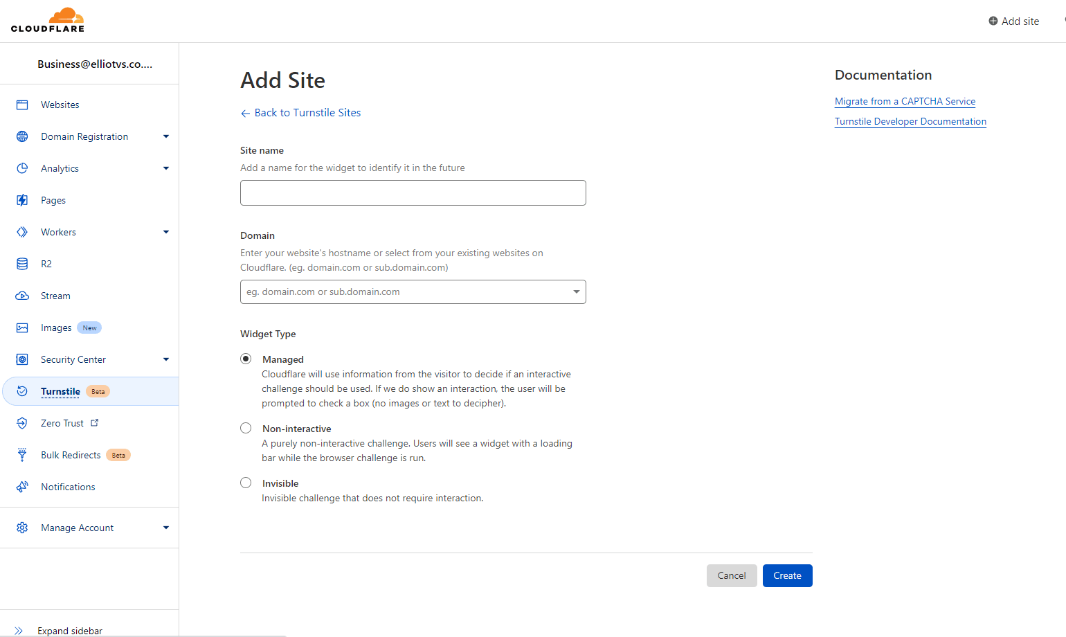 Cloudflare Turnstile - Add Site