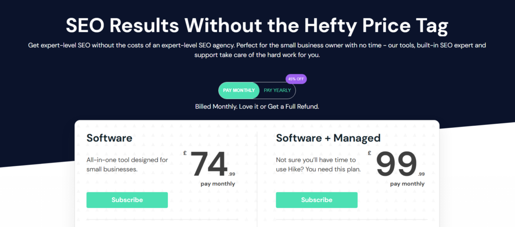 Hike SEO Pricing Page