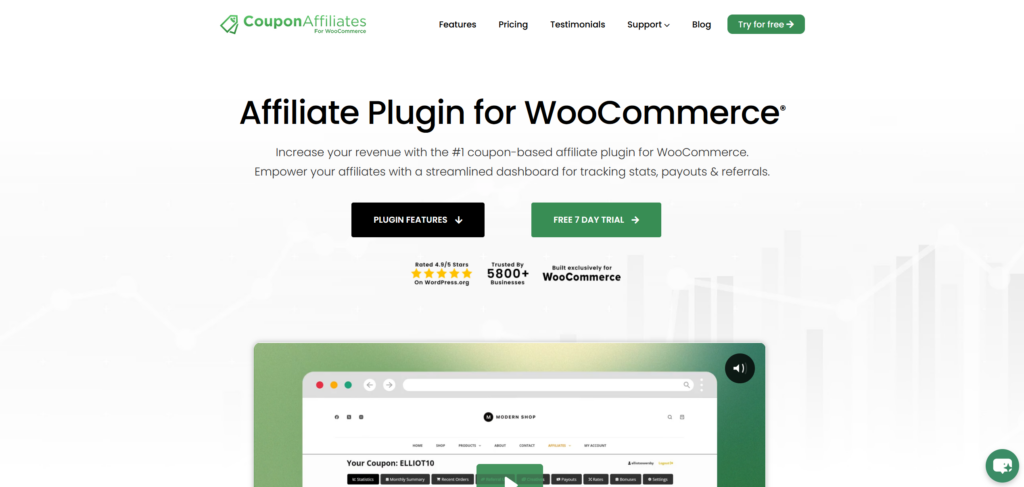 Coupon Affiliates website homepage, a WooCommerce affiliate plugin that tracks referrals through coupon codes and links