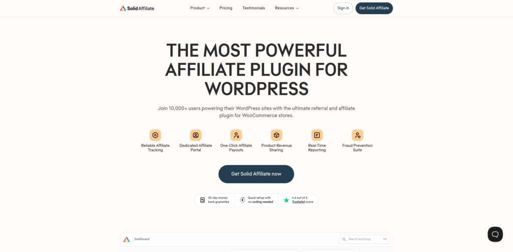 Solid Affiliate website homepage, an affiliate plugin made for WooCommerce