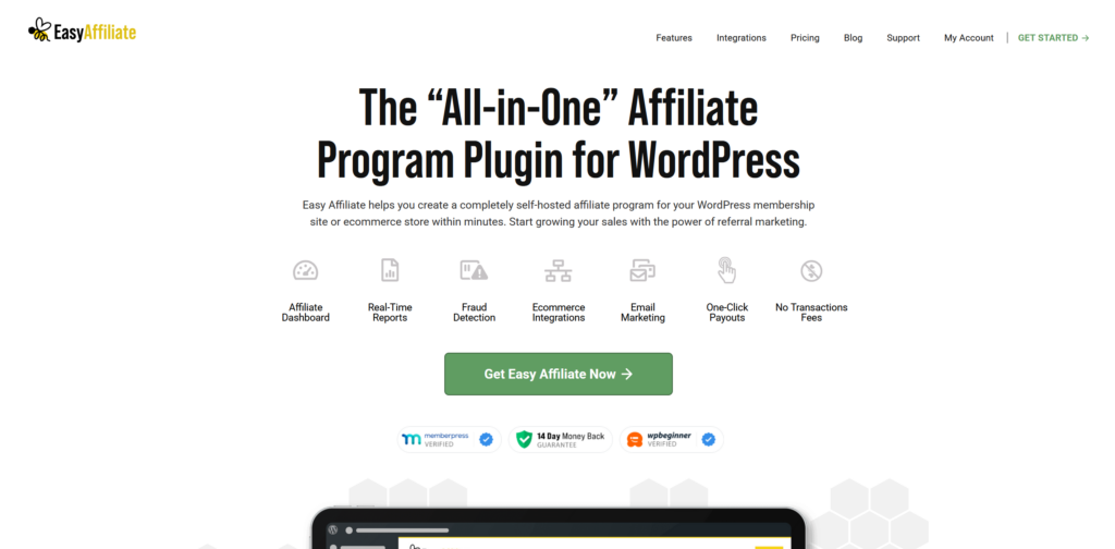 Easy Affiliate website homepage, a self-hosted affiliate plugin for WordPress