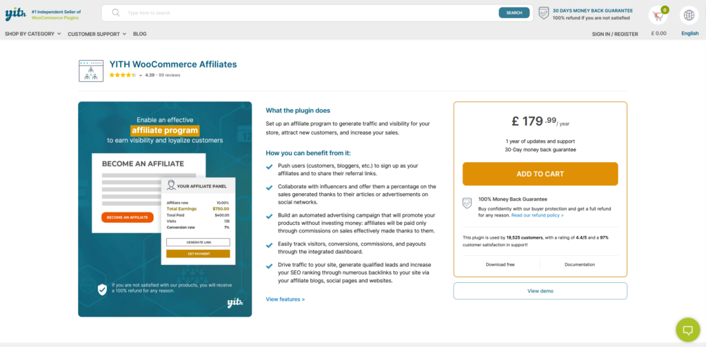 YITH WooCommerce Affiliates plugin page on the YITH website