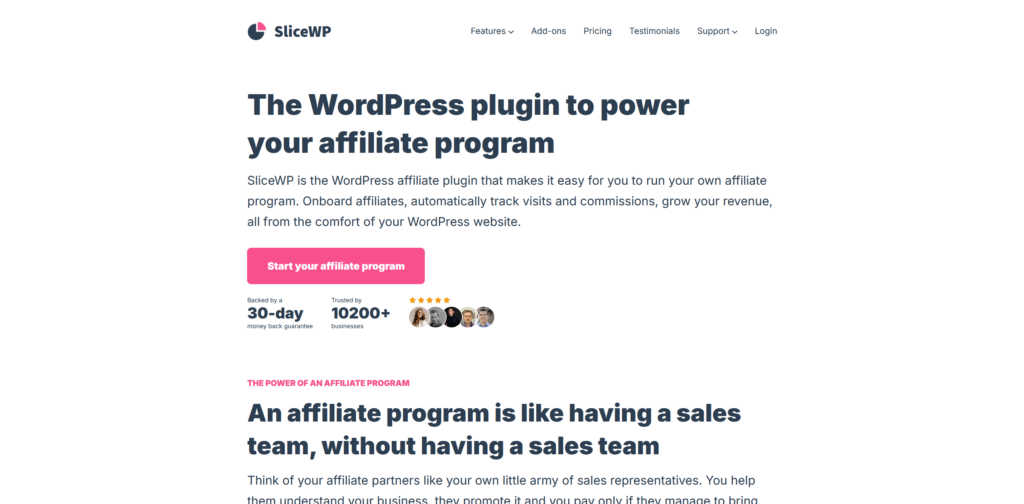 SliceWP website homepage, an affiliate plugin for WordPress with a free version
