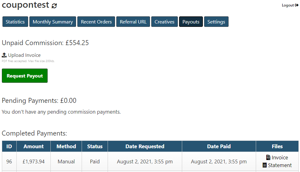 Affiliate dashboard Payouts tab with PDF statement download