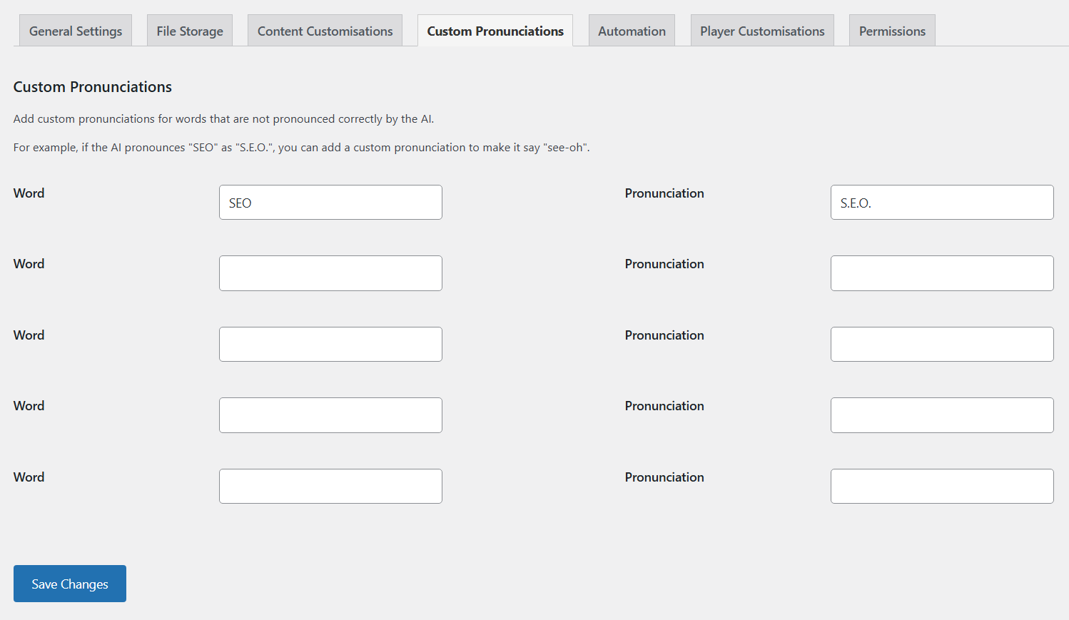 Custom Pronunciations settings tab with Word and Pronunciation fields