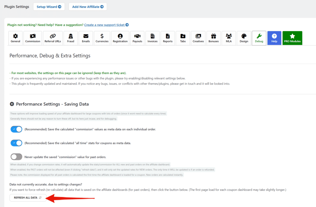 Refresh stats for all coupons in the Debug settings tab
