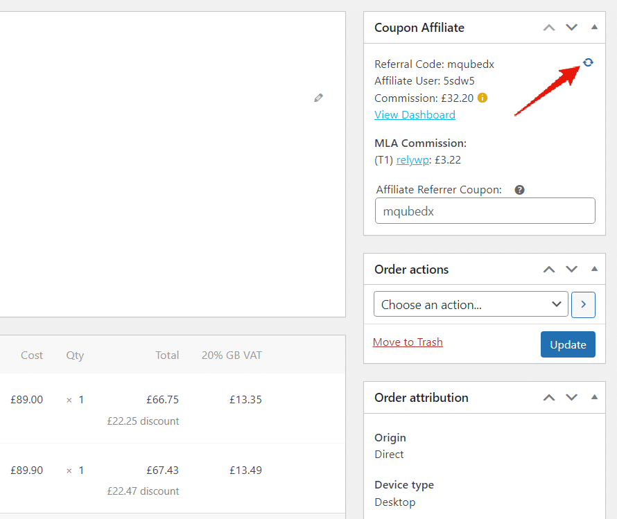 Refresh affiliate stats for a specific WooCommerce order