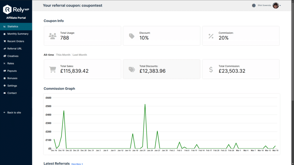 The affiliate portal with the Classic theme, showing the sidebar menu and the affiliate's statistics