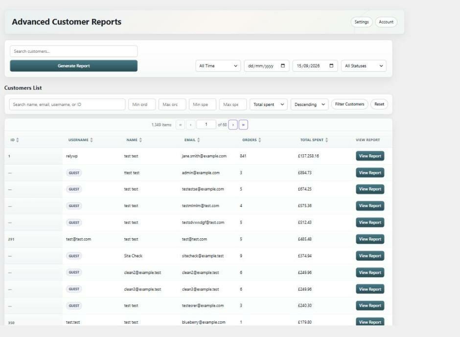The Customer Reports screen in WooCommerce showing the customer search box and the customers list with order counts and total spend