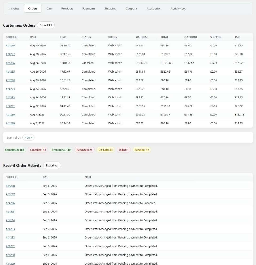 Customer report orders tab