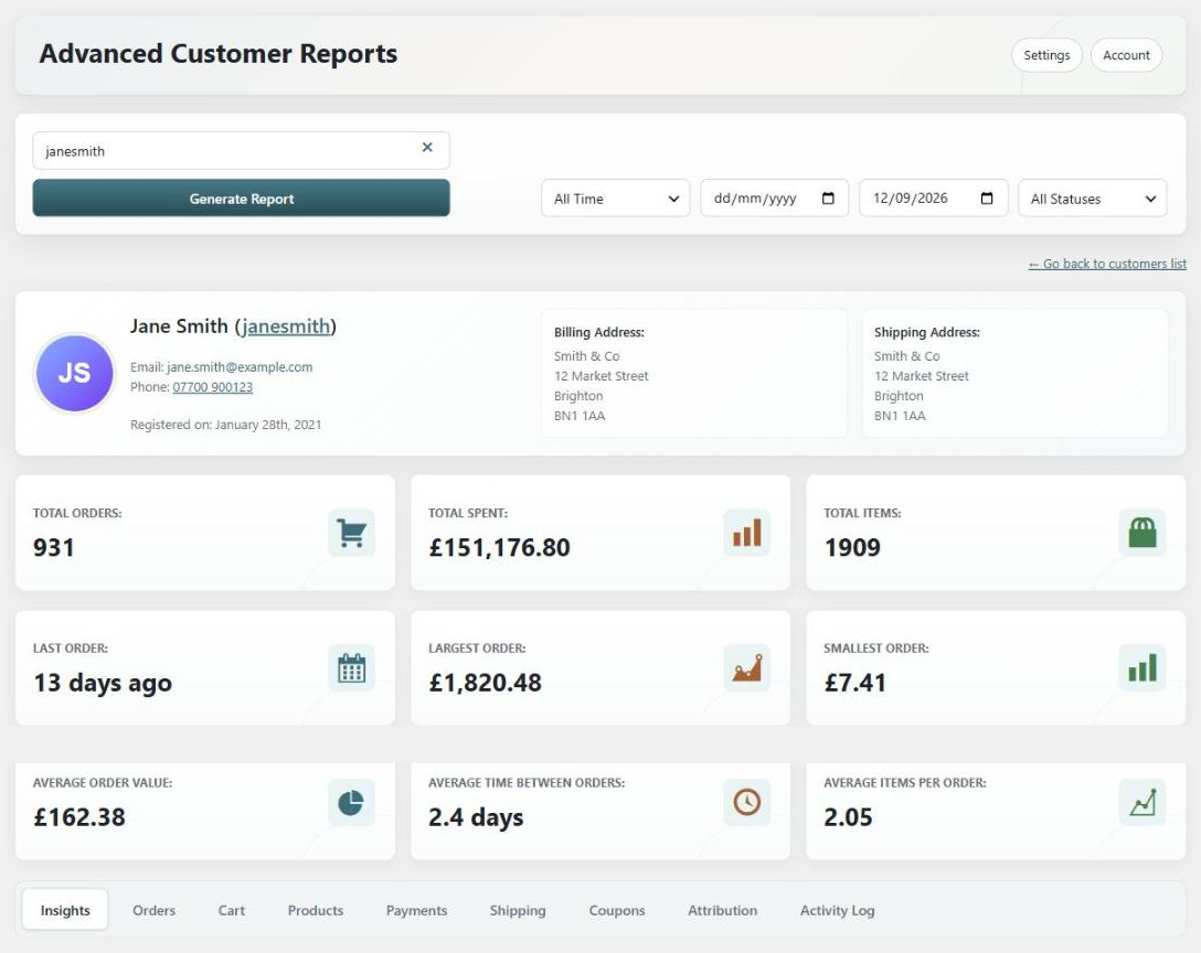 Advanced Customer Reports customer report with order analytics