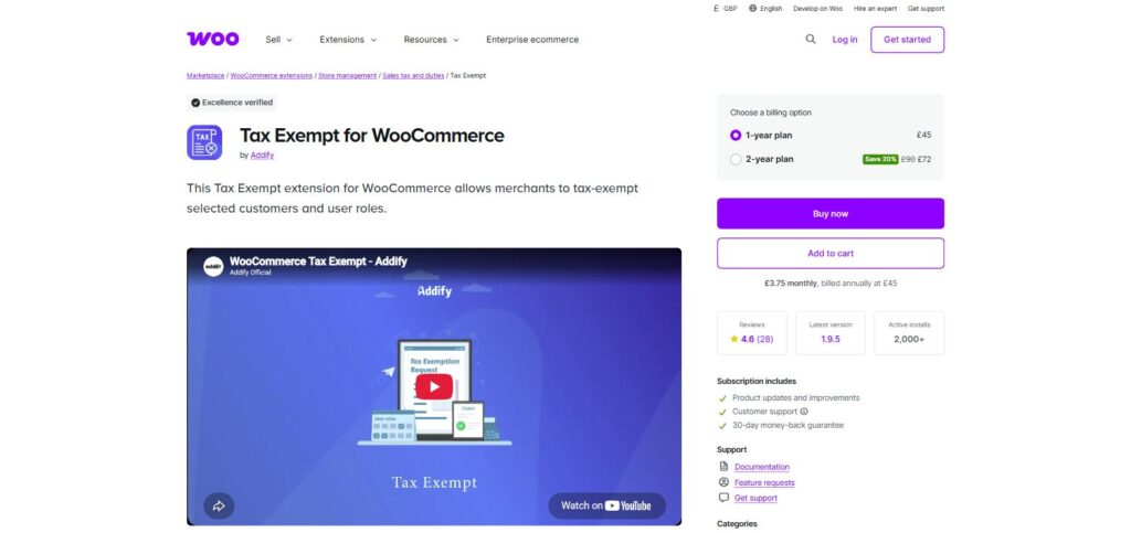 Tax Exempt for WooCommerce by Addify on the WooCommerce.com Marketplace, showing its rating, version and active installs