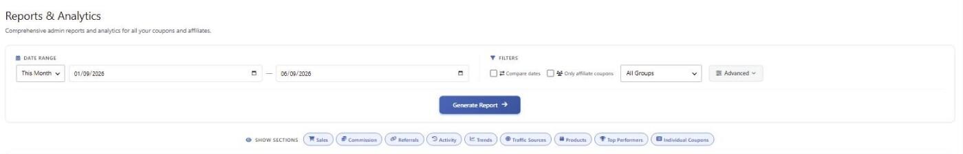 The Reports & Analytics form showing the date range presets, filters and the Show Sections toggles
