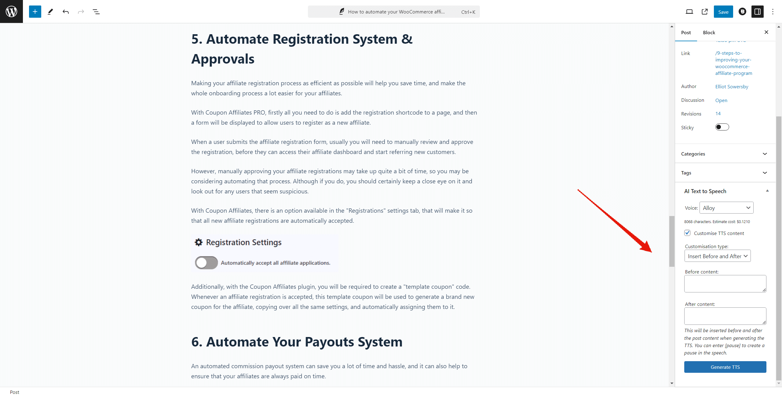 AI TTS box in the post editor sidebar with voice selection and Generate TTS button