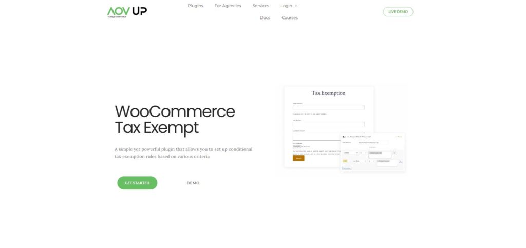 AovUp WooCommerce Tax Exempt plugin page, showing a tax exemption form and a conditional exemption rule