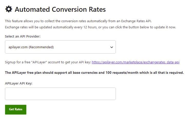 Automated Conversion Rates section on the Currencies settings tab, with apilayer.com selected as the API provider