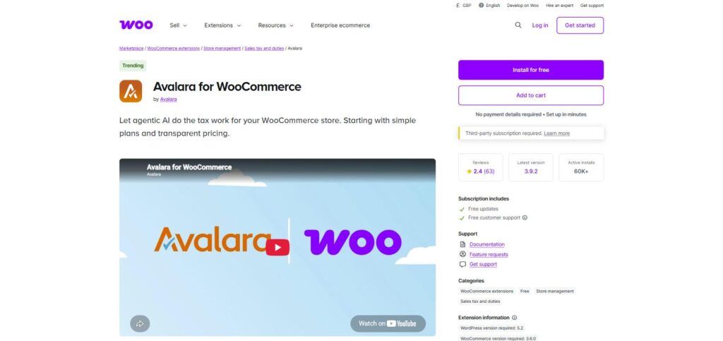 Avalara for WooCommerce extension on the WooCommerce.com Marketplace, showing its reviews, version and active installs