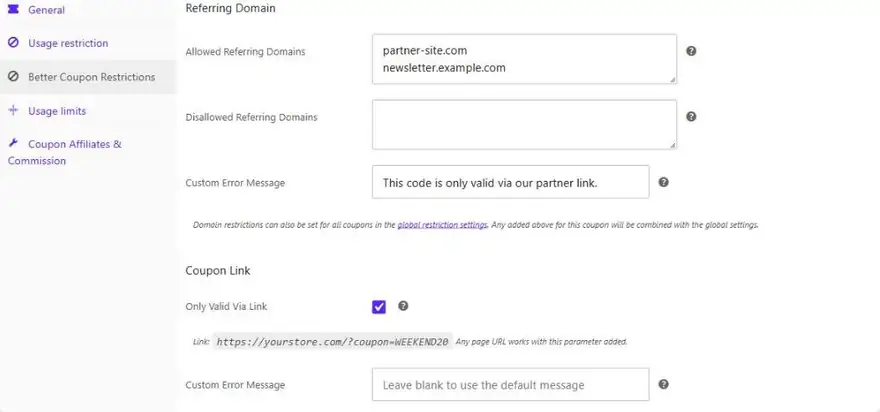 Allowed referring domains and a coupon link that applies a WooCommerce coupon automatically