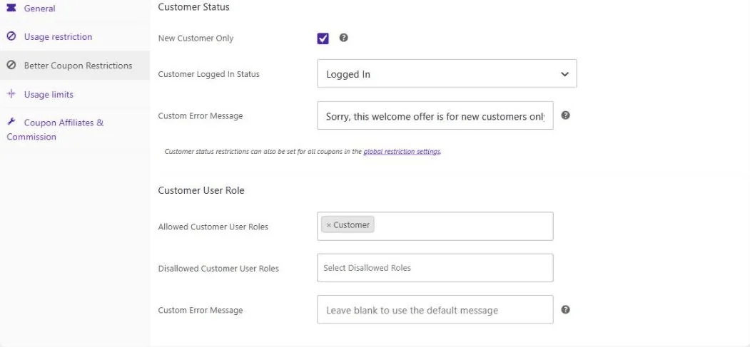 New customer only, logged in status and allowed user role restrictions on a WooCommerce coupon