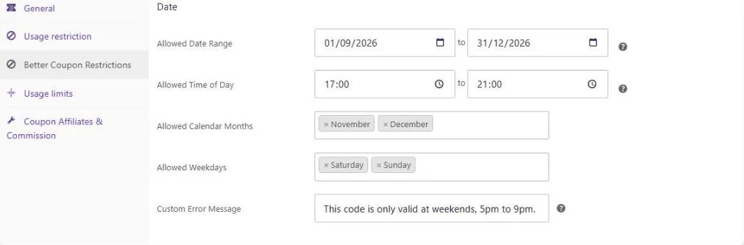 Date range, calendar month, weekday and time of day restrictions on a WooCommerce coupon