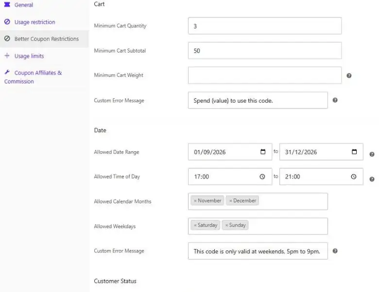 Better Coupon Restrictions tab on a WooCommerce coupon