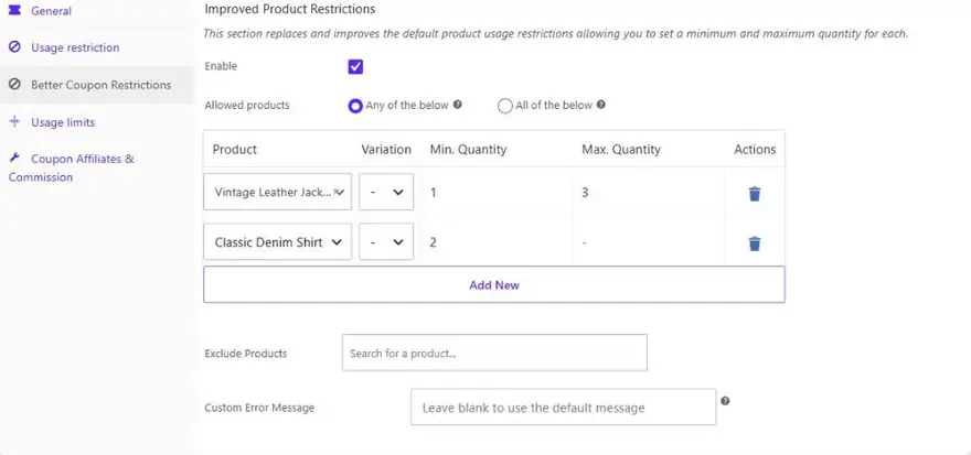 Improved product and category restrictions on a WooCommerce coupon