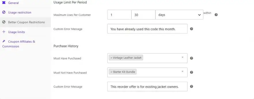 Usage limit per period and purchase history restrictions on a WooCommerce coupon