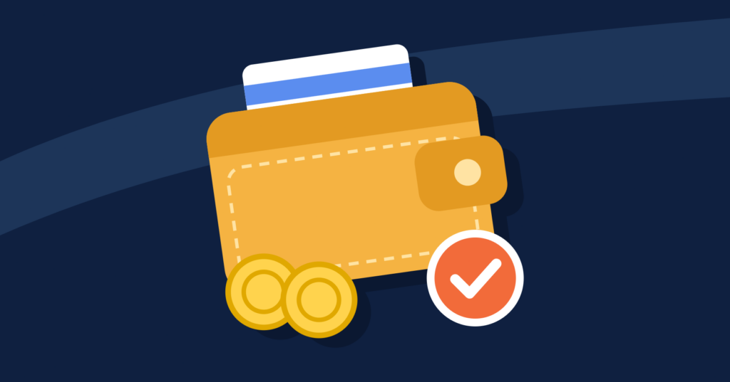 Illustration of an orange wallet holding a card, with gold coins and a check mark badge
