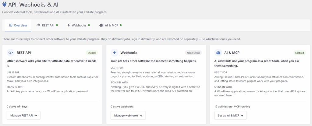 Overview tab of the API, Webhooks & AI page in Coupon Affiliates, explaining the REST API, Webhooks and AI & MCP