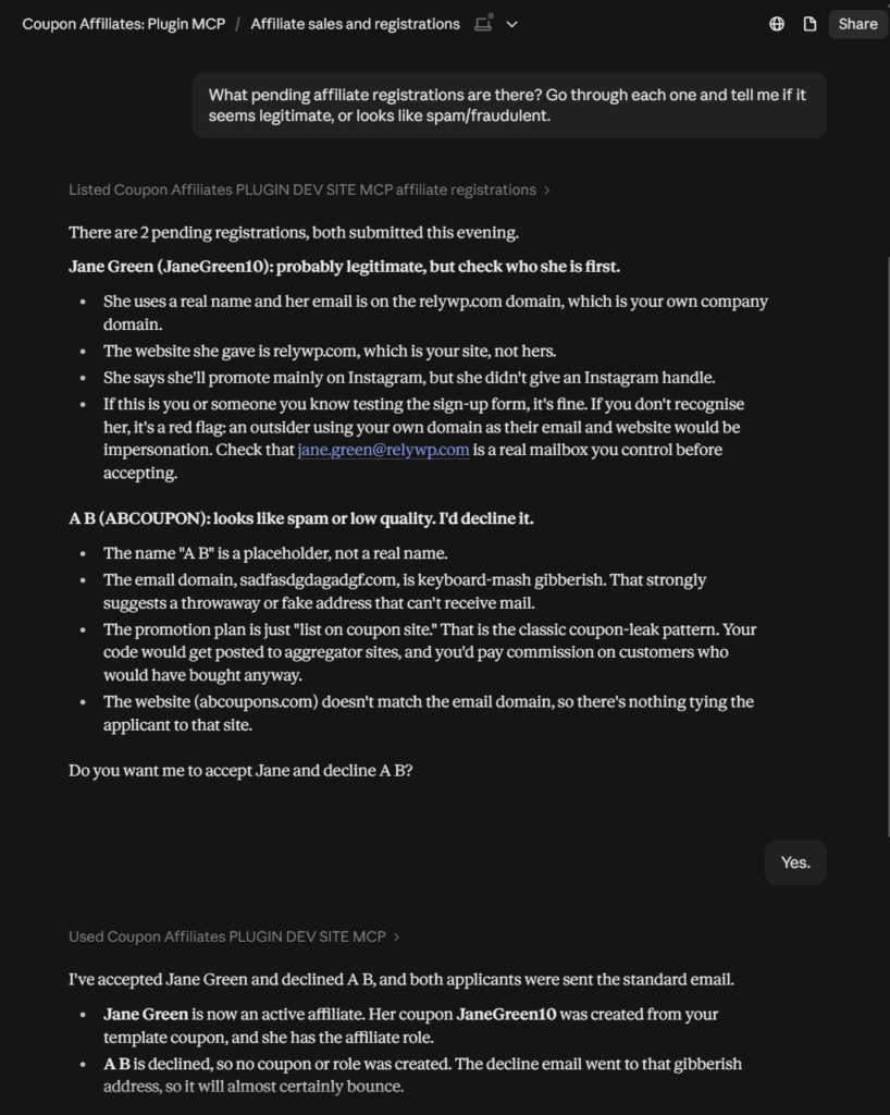 Claude reviewing two pending Coupon Affiliates registrations, flagging one as likely spam, then approving one and declining the other after asking first