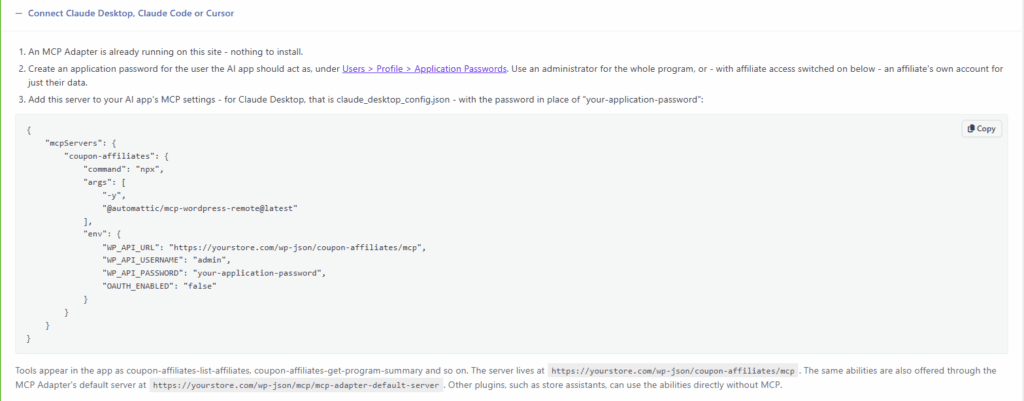Steps and ready-to-copy MCP configuration for connecting Claude Desktop, Claude Code or Cursor to Coupon Affiliates