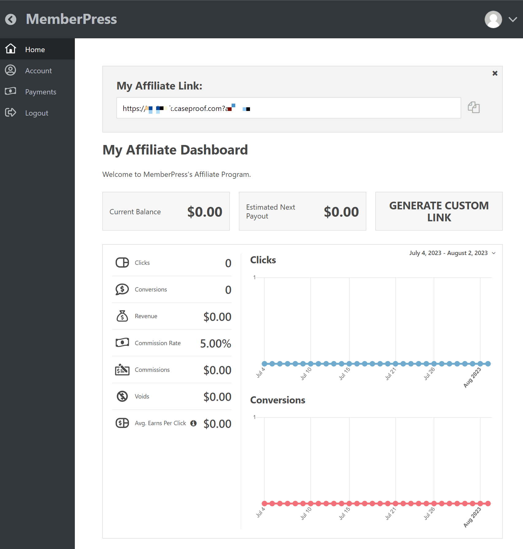 EasyAffiliate affiliate dashboard with the affiliate link, current balance, and click and conversion charts