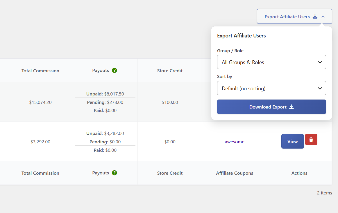 Export Affiliate Users panel with Group / Role, Sort by, and Download Export