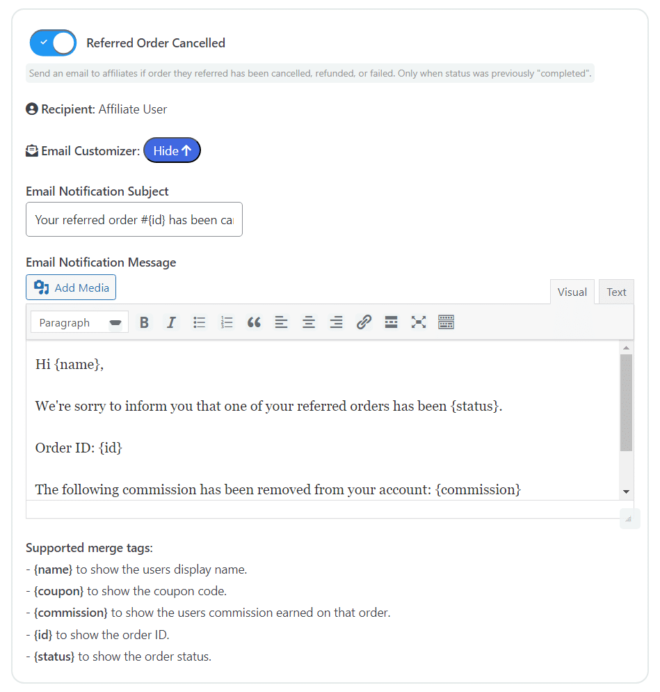 Cancellation email settings