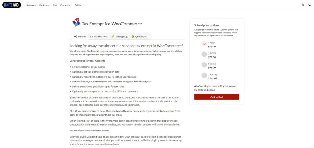 IgniteWoo Tax Exempt for WooCommerce product page, listing per-customer exemption features and licence prices