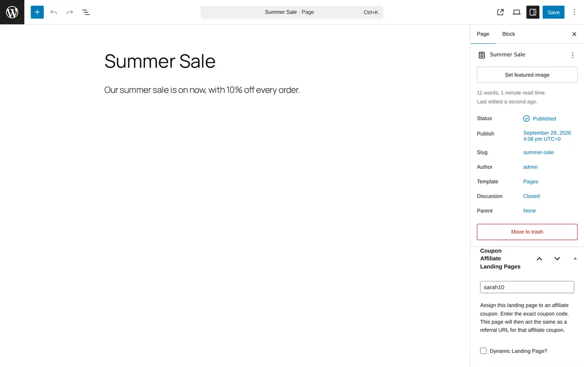 The WordPress block editor for a Summer Sale page, with the Coupon Affiliate Landing Pages box in the Page sidebar showing the coupon code sarah10, the help text and a Dynamic Landing Page checkbox