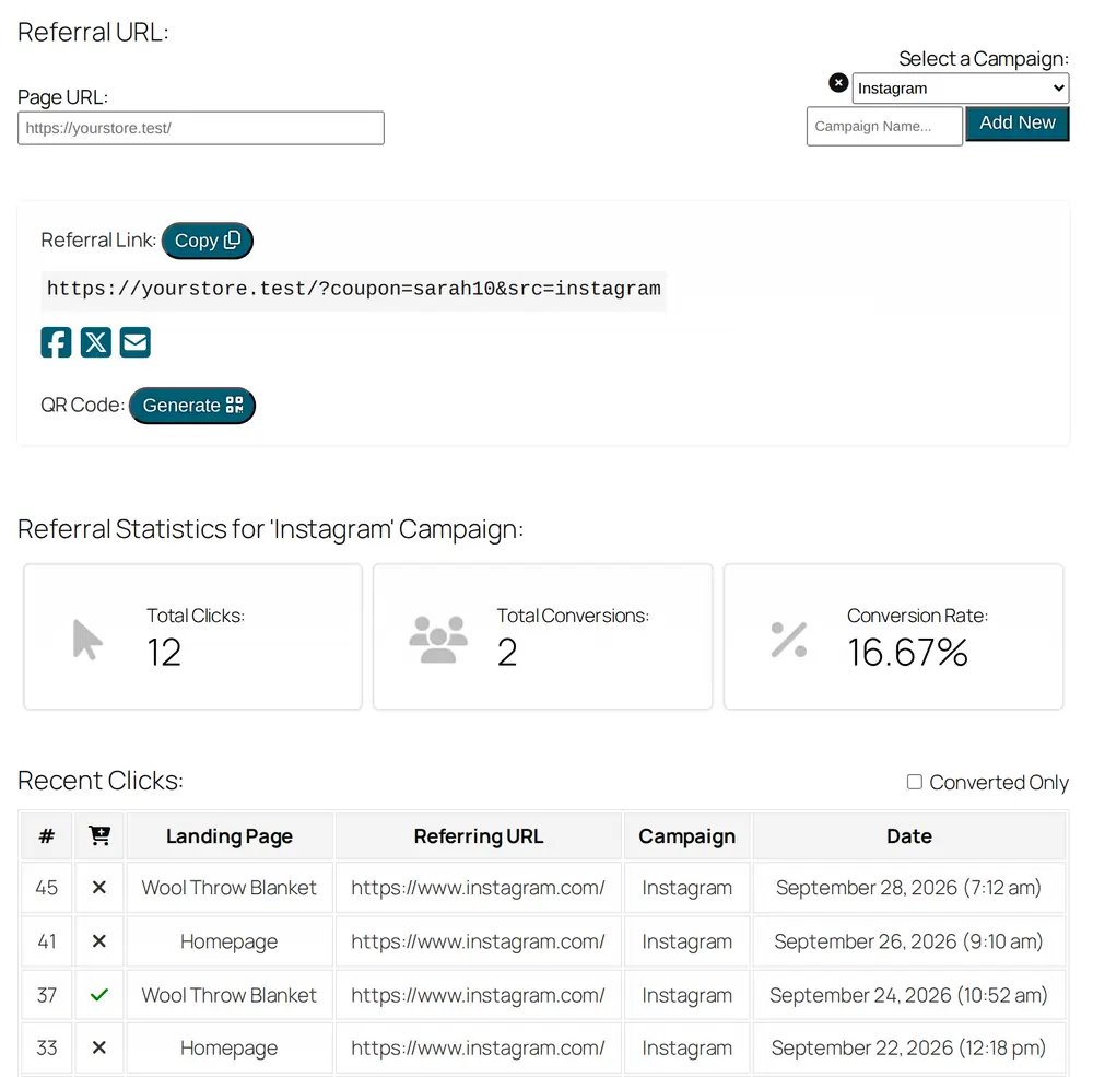 The Referral URL tab of the Coupon Affiliates affiliate dashboard with the Instagram campaign selected, showing the campaign referral link with src=instagram, clicks, conversions and conversion rate for that campaign, and its recent clicks