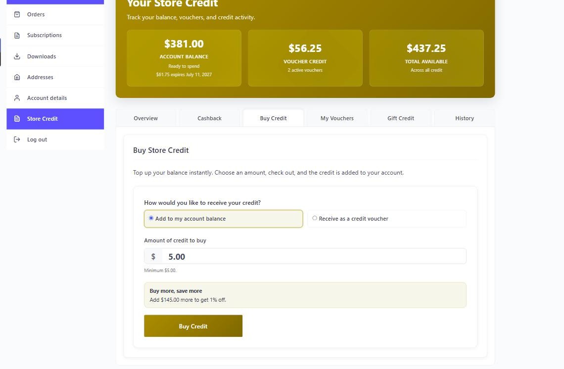 The Buy Store Credit form in My Account, where a customer picks an amount, chooses whether it lands in their balance or as a voucher, and sees the bulk discount on larger amounts.