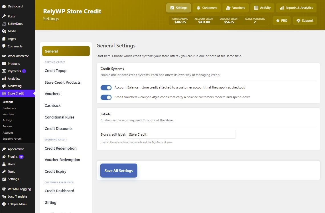 The Store Credit General settings, with toggles for the account balance system and the credit voucher system, and the fields for renaming store credit across the store.