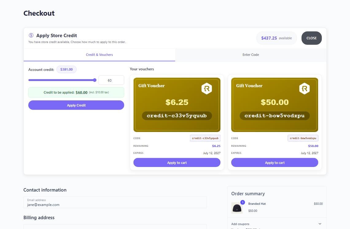 The Apply Store Credit panel at checkout, with a slider for choosing how much of the account balance to spend and the customer's credit vouchers shown as cards.