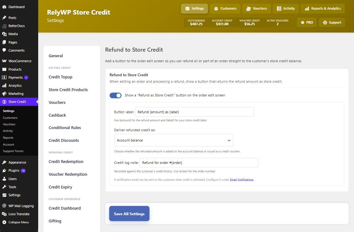 The Refund to Store Credit settings, with the toggle that adds the refund button to the order screen and the fields for its label and gateway behaviour.