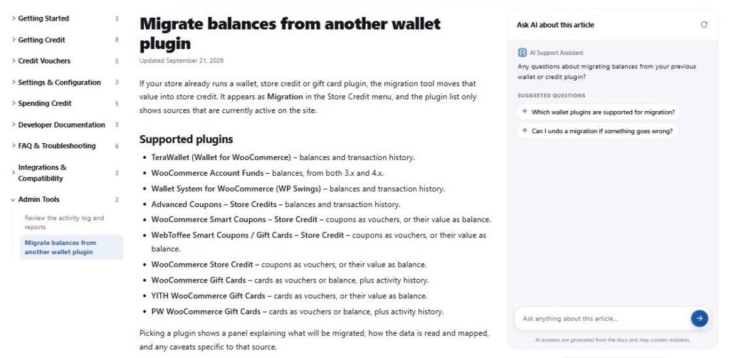 Simple Store Credit documentation listing TeraWallet and the other plugins its migration tool can import balances from