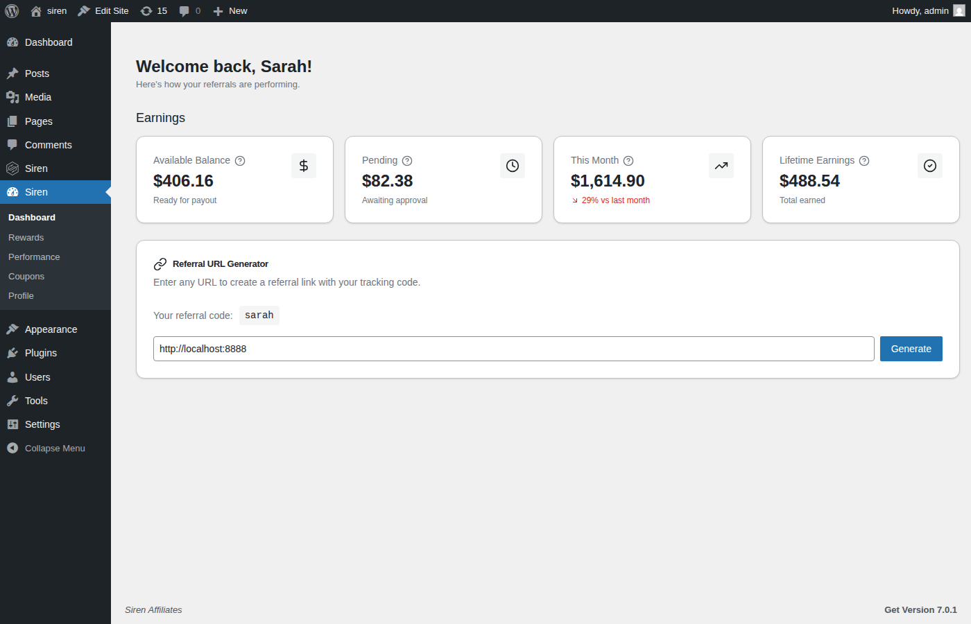 Siren Affiliates partner dashboard showing earnings, pending rewards and a referral link
