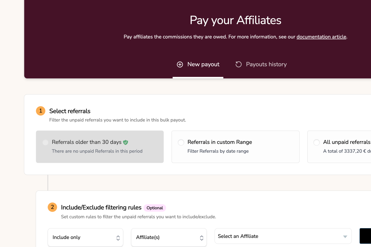 Solid Affiliate Pay Affiliates tool for creating a bulk payout from unpaid referrals