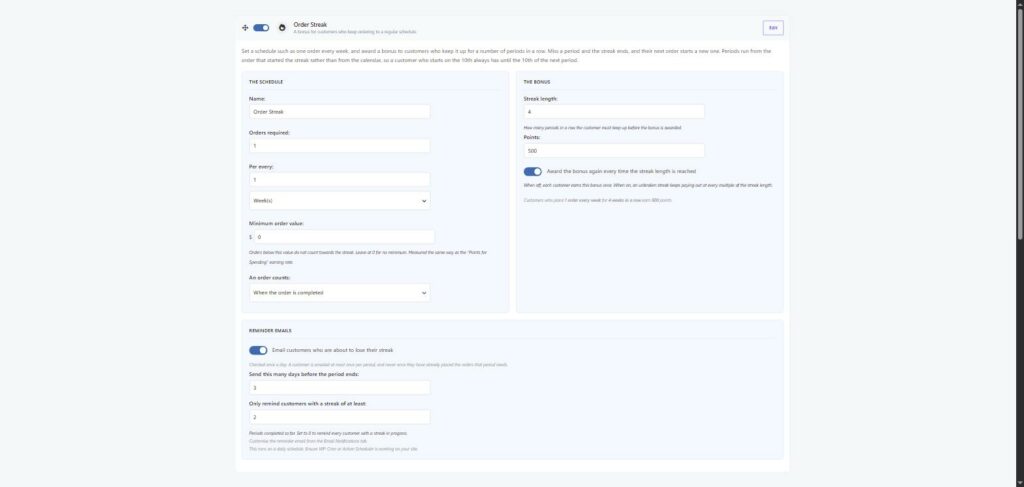 Order Streak settings in Simple Points and Rewards, showing the schedule, bonus and reminder email options