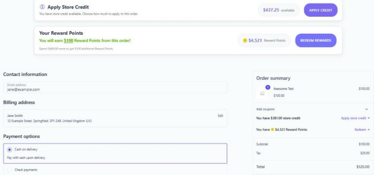 A WooCommerce checkout page with the Your Reward Points box above the billing form, showing the points the order will earn, the customer's balance and a Redeem Rewards button, plus a Redeem link in the order summary.