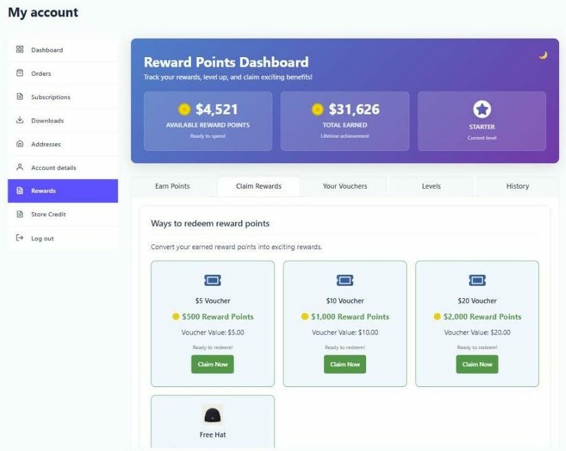 The Claim Rewards tab of the customer rewards dashboard, showing voucher rewards as cards with their points cost, value and a Claim Now button.