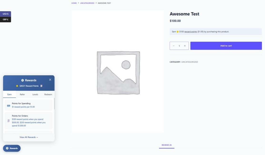 A product page with the floating rewards widget open in the lower left corner, showing the customer's points balance and tabs for Earn, Refer, Levels and Redeem, with earning methods listed beneath.