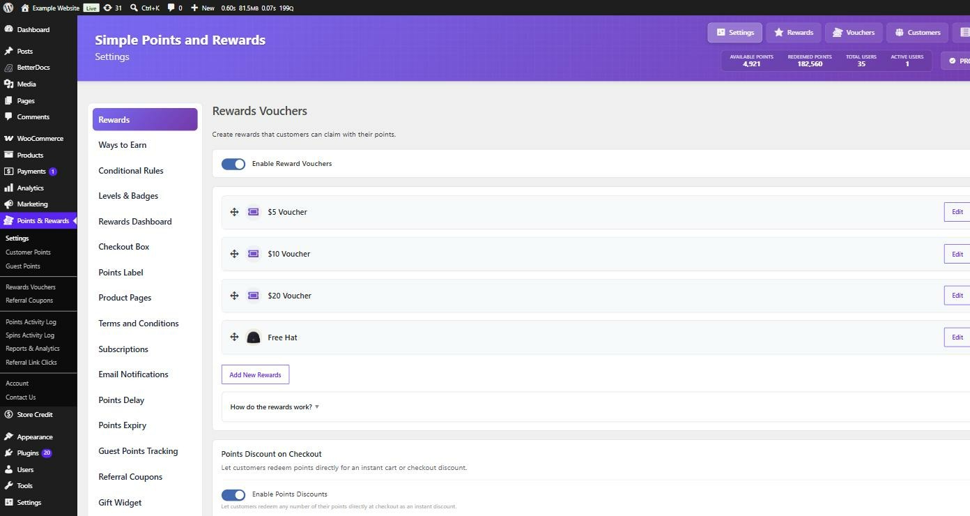 The Points and Rewards settings screen, showing the vertical list of settings tabs down the left side and the Rewards tab open on the right.