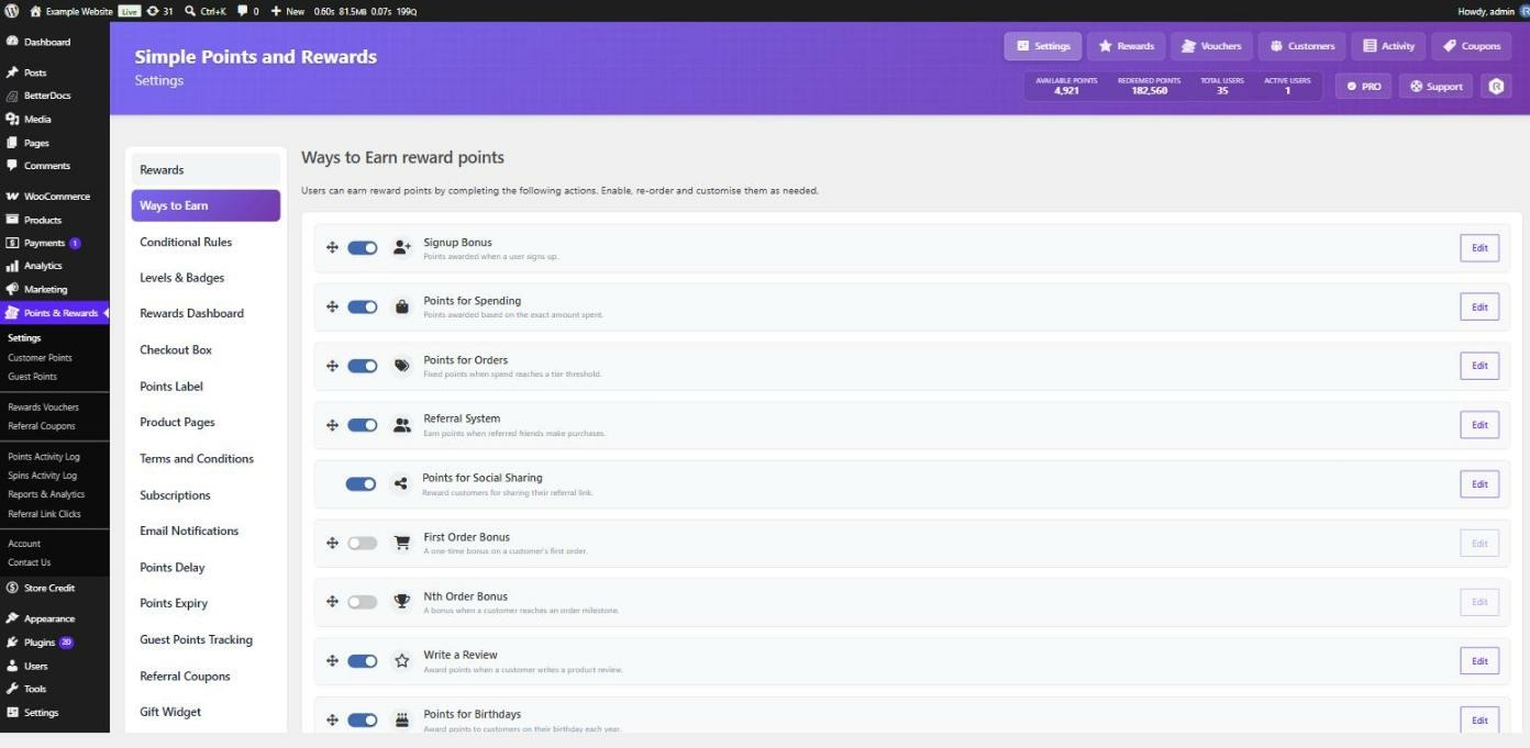 The Ways to Earn settings tab listing earning methods including Signup Bonus, Points for Spending, Points for Orders, Referral System, Social Sharing, First Order Bonus, Nth Order Bonus, Write a Review and Birthdays, each with a toggle and an Edit button.
